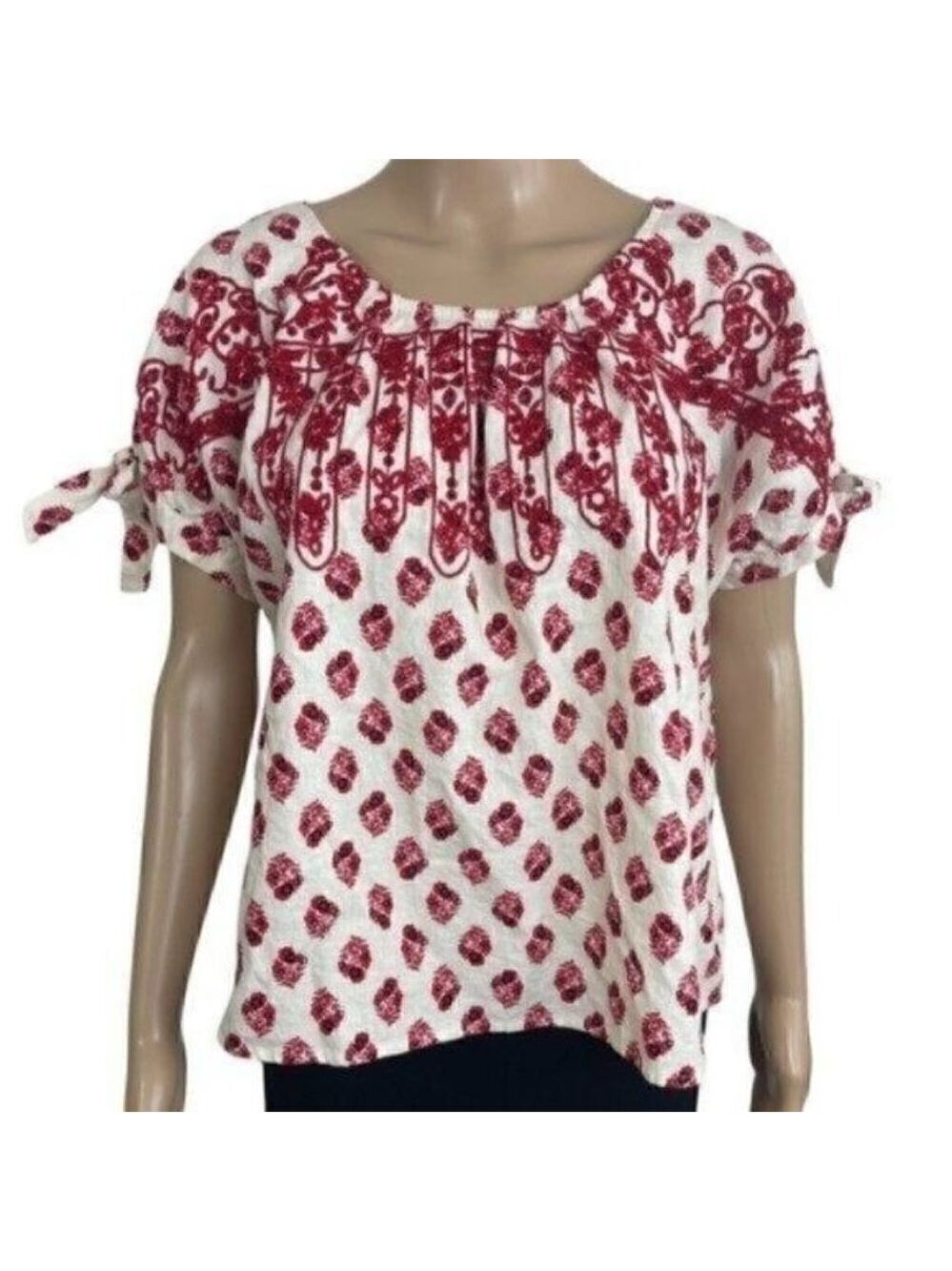 A Loves A Linen Rayon Blouse red floral sleeve ties size Large